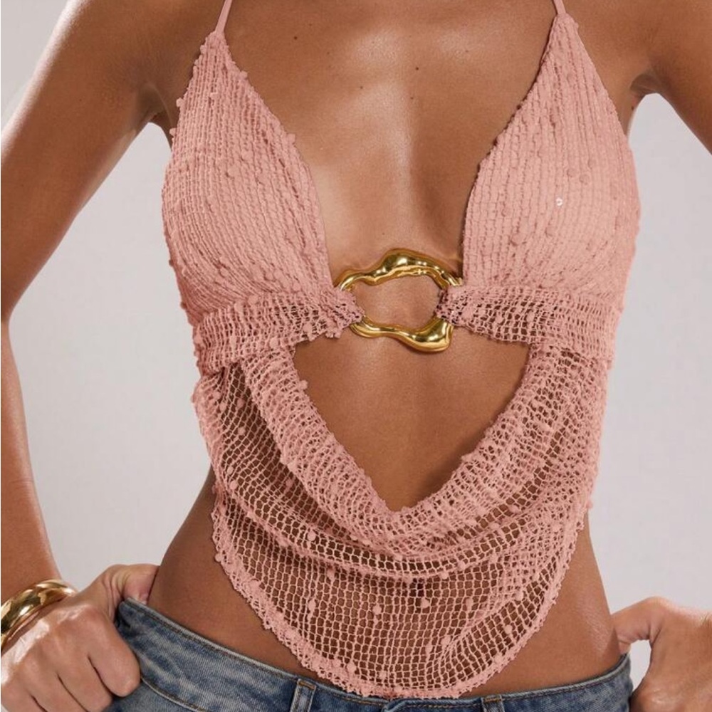 SHEIN Pink Crochet Crop Top with Gold Detail